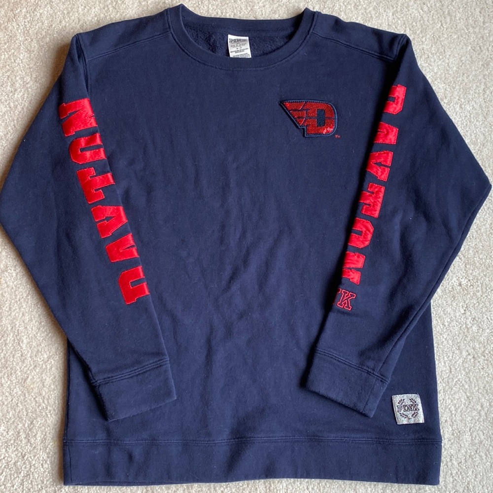 Ladies PINK UD University of Dayton Flyers crewneck sweatshirt pullover navy S